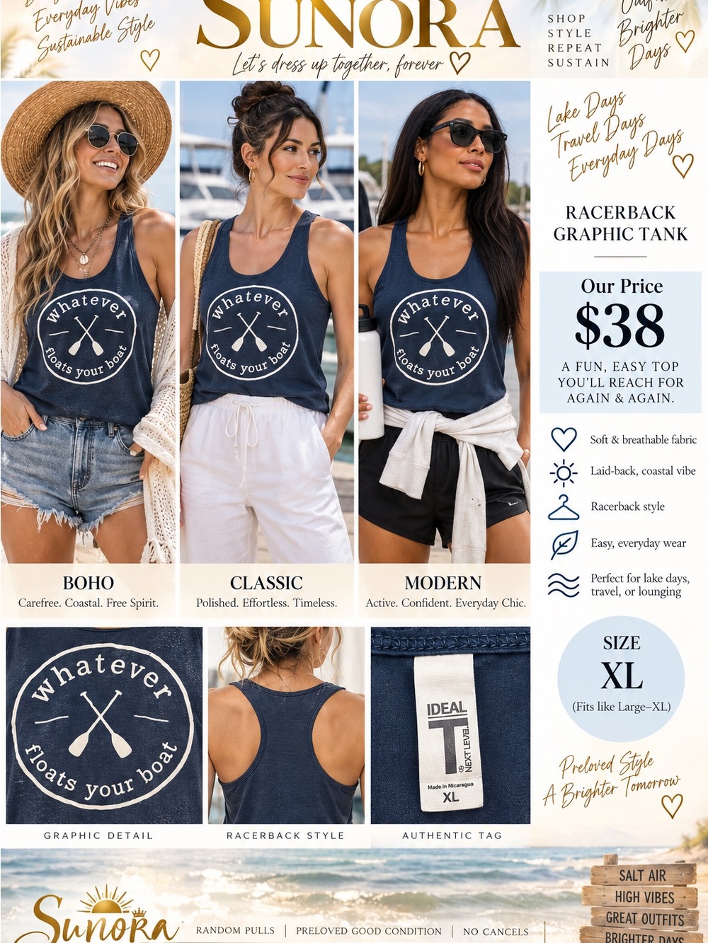 SUNO Navy Racerback Graphic Tank - "Whatever Floats Your Boat"